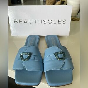 BeautiIsoles Blue Slide Sandals with Decorative Buckle